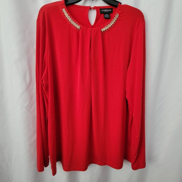 Liz Claiborne Career Red Blouse embellished long sleeves keyhole dressy XXL GUC - Picture 1 of 13